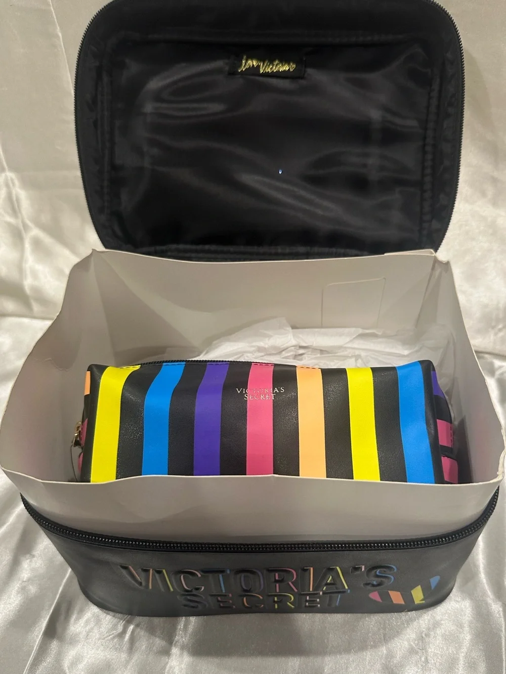 Victoria's Secret Black Cosmetic Train Case with Rainbow Stripe Pouch